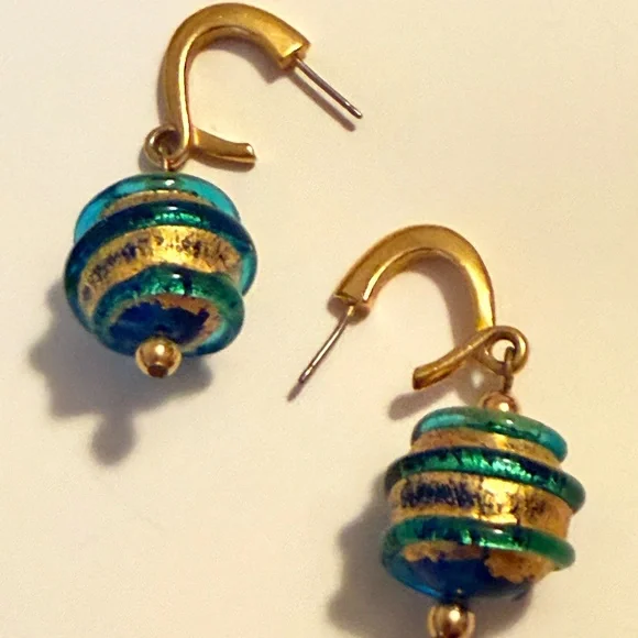 Vintage Blue and Gold Murano Ball Earrings - Picture 1 of 5